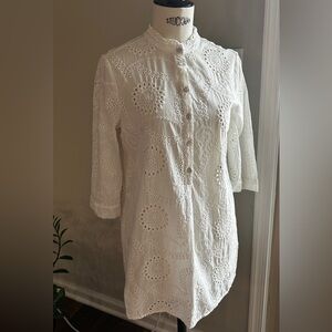 Hallhuber Off White Cotton Eyelet Embroidery Tunic Shirt Dress Blouse Buttons S